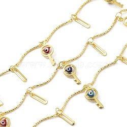 Brass Curved Bar Link Chains, with Colorful Enamel Key with Evil Eye & Oval Charms, Soldered, with Spool, Real 18K Gold Plated, 18x1mm, about 32.81 Feet(10m)/Roll(CHC-C001-07G)