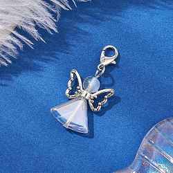 Angel Glass Pendant Decorations, Lobster Claw Clasps Charms for Bag Ornaments, Clear AB, 37mm(HJEW-JM02783)