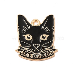 Alloy Enamel Pendants, Light Gold, Cat with Word Black Cat Club Charm, Black, 24x21x1.5mm, Hole: 2mm(X-ENAM-A143-06KCG-02)