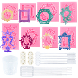 Olycraft European Style Decorative Pattern Anaglyph Picture Frame Food Grade Fondant Silicone Molds, Stirring Rod, Pipettes Dropper, Latex Finger Cots, Measuring Cup, Pink, 59x54x8mm(DIY-OC0001-79)