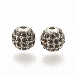 Alloy Bead, with Rhinestone, Round, Jet, Platinum, 8x8mm, Hole: 1.5mm(PALLOY-S066-02A-P)