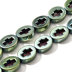 Electroplated Synthetic Non-magnetic Hematite Beads Strands, Oval with Cross, Green Plated, 10x8x3mm, Hole: 0.9mm, about 40pcs/strand, 15.75''(40cm)(G-L613-Z01-02H)