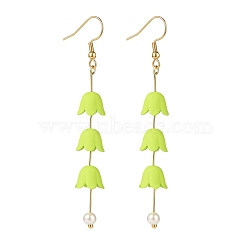 Acrylic Flower with Plastic Pearl Long Dangle Earrings, Gold Plated 304 Stainless Steel Jewelry for Women, Green Yellow, 80mm, Pin: 0.6mm(EJEW-JE04941-03)