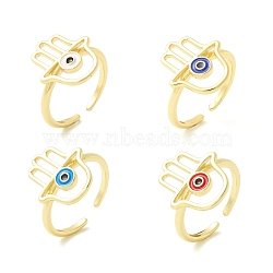 Hamsa Hand with Evil Eye Protection Enamel Open Ring, Real 18K Gold Plated Brass Cuff Ring for Women, Cadmium Free & Lead Free, Mixed Color, US Size 6 1/2(16.9mm)(RJEW-P027-04G)