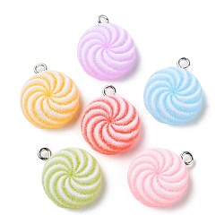 Translucent Resin Flat Round Pendants, Druzy Candy Charms with Platinum Plated Iron Loops, Mixed Color, 20x17x7mm, Hole: 2mm(X-RESI-A025-03)