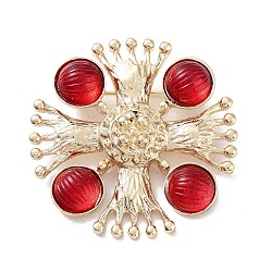 Flat Round with Cross Alloy Acrylic Brooch, Light Gold for Women, Red, 56.5x14x12.5mm(JEWB-C029-16B)