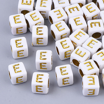 Plating Acrylic Beads, Horizontal Hole, Golden Metal Enlaced, Alphabet Style, Cube, Letter.E, 5.5~6x5.5~6x5.5~6mm, Hole: 3.5mm, about 3000pcs/500g