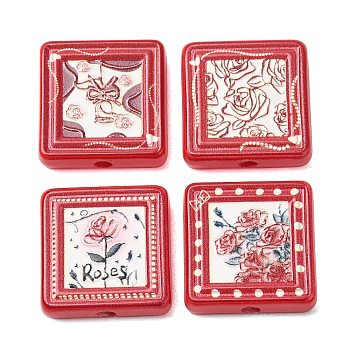 Baking Paint Printed Acrylic Beads, Square with Rose Flower, Mixed Shapes, 20x20x6mm, Hole: 2.3mm