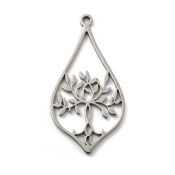 304 Stainless Steel Pendants, Laser Cut, Teardrop with Tree Charm, Stainless Steel Color, 39.5x20x1mm, Hole: 2mm