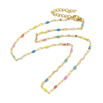 304 Stainless Steel Dapped Chains Necklaces, Colorful Enamel Oval Link Chain Necklace, Golden, 15-7/8 inch(40.4cm)