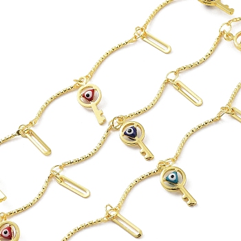 Brass Curved Bar Link Chains, with Colorful Enamel Key with Evil Eye & Oval Charms, Soldered, with Spool, Real 18K Gold Plated, 18x1mm, about 32.81 Feet(10m)/Roll