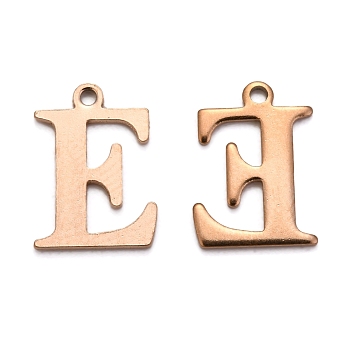 Ion Plating(IP) 304 Stainless Steel Alphabet Charms, Rose Gold, Letter.E, 12x9x1mm, Hole: 1mm