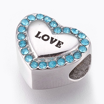 304 Stainless Steel European Beads, Large Hole Beads, with Rhinestone, Heart with Word Love, For Valentine's Day, Antique Silver, Aquamarine, 10x12x7mm, Hole: 4mm