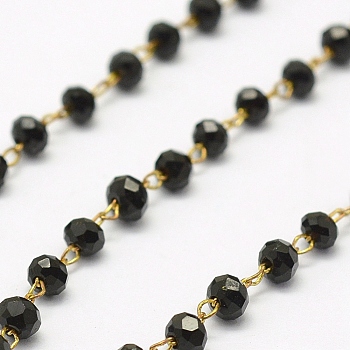 3.28 Feet Handmade Glass Beaded Chains, Soldered, with Raw(Unplated) Brass Findings, Nickel Free, Faceted Rondelle, Black, 2.5~3mm