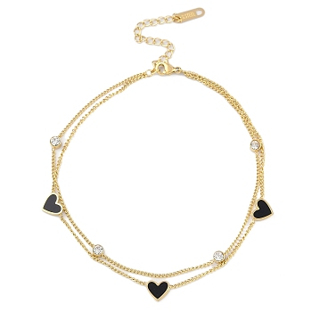 Ion Plating(IP) 304 Stainless Steel Double Layered Bracelets for Women, with Heart Shape Links, Golden, Black, 8-7/8 inch(22.5cm)