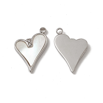 Shell Pendants, Heart Charms, with 201 Stainless Steel Findings and Crystal Rhinestone, Stainless Steel Color, 17x12x2mm, Hole: 1.4mm