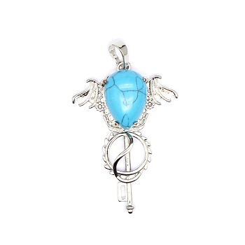 Synthetic Turquoise Teardrop Pendants, Platinum Tone Brass Key Scepter Wing Charms, 45x35x9mm
