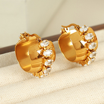 304 Stainless Steel C-Shaped Hoop Earrings, with Rhinestones, Real 18K Gold Plated, 22x26mm