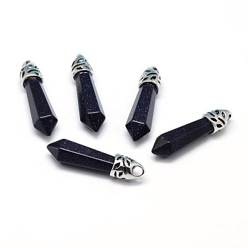 Bullet Platinum Plated Alloy Synthetic Blue Goldstone Pointed Pendants, Cadmium Free & Lead Free, 33~40x8~9mm, Hole: 3x4mm