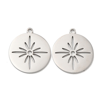 304 Stainless Steel Pendants, Flat Round with Flower Charm, Stainless Steel Color, 22.5x20x1mm, Hole: 1.8mm
