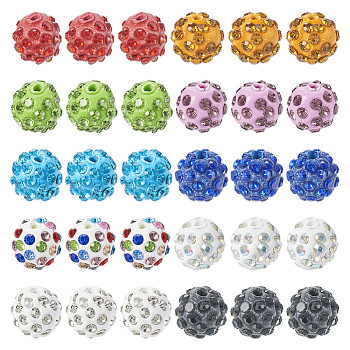 Pandahall 100Pcs 10 Colors Rhinestone Pave Disco Ball Beads, Polymer Clay Rhinestone Beads, Round, Mixed Color, 9.5~10mm, Hole: 1.8mm, 10Pcs/color