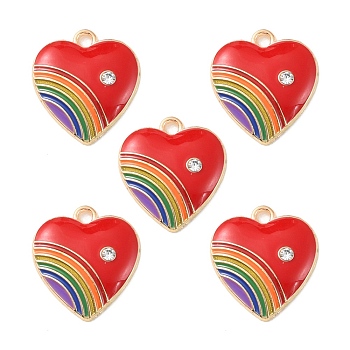 Alloy Enamel Pendant, with Rhinestone, Heart with Rainbow Charm, FireBrick, 20x18x3.5mm, Hole: 2mm