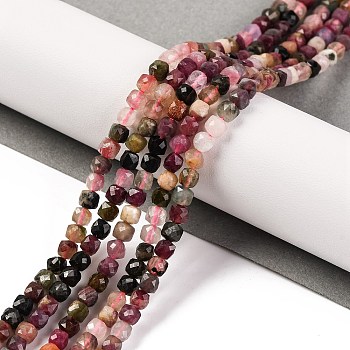 Natural Tourmaline Beads Strands, Faceted, Cube, 4x4x4.5mm, Hole: 1mm, about 101pcs/strand, 15.35 inch(39cm)