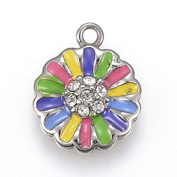 304 Stainless Steel Enamel Pendants, with Rhinestone, Flower, Stainless Steel Color, 14.5x12x2.5mm, Hole: 1.5mm