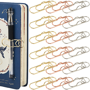 18Pcs 3 Colors Carbon Steel Pen Clips for Notebook Scrapbook, Heart Paper Clip Pen Holders, Mixed Color, 69.5x20.5x9mm, 6pcs/color