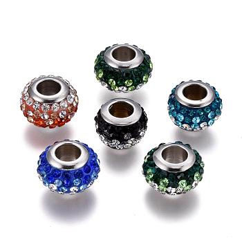 304 Stainless Steel Polymer Clay Rhinestone European Beads, Stainless Steel Color Core, Large Hole Rondelle Beads, Mixed Color, 12x8mm, Hole: 5mm