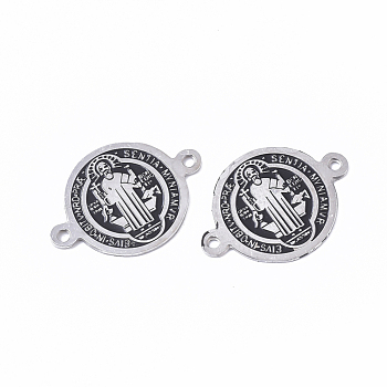 304 Stainless Steel Links connectors, with Enamel, Enamelled Sequins, Flat Round with Saint Benedict Medal, Stainless Steel Color, 13.5x19.5x0.5mm, Hole: 1.2mm