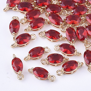 Transparent Glass Links connectors, with Brass Findings, Faceted, Oval, Light Gold, Red, 11x4x4mm, Hole: 1mm