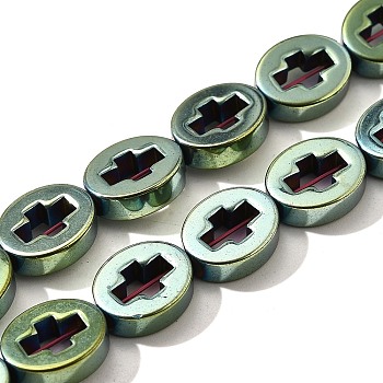 Electroplated Synthetic Non-magnetic Hematite Beads Strands, Oval with Cross, Green Plated, 10x8x3mm, Hole: 0.9mm, about 40pcs/strand, 15.75''(40cm)