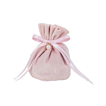 Velvet Jewelry Bags with Drawstring & Plastic Imitation Pearl, Velvet Cloth Gift Pouches, Pink, 13.2x14x0.4cm