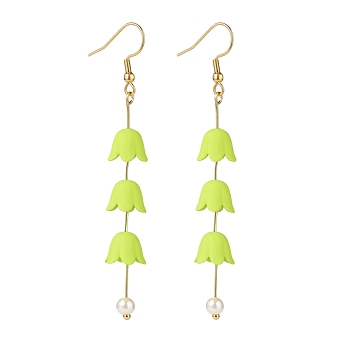 Acrylic Flower with Plastic Pearl Long Dangle Earrings, Gold Plated 304 Stainless Steel Jewelry for Women, Green Yellow, 80mm, Pin: 0.6mm