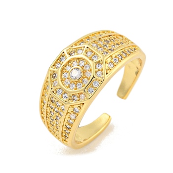 Rack Plating Octagon Brass Micro Pave Cubic Zirconia Cuff Finger Rings for Women, Cadmium Free & Lead Free, Long-Lasting Plated, Real 18K Gold Plated, 10mm, Adjustable