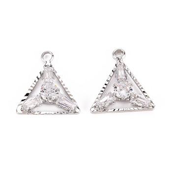 Brass Micro Pave Clear Cubic Zirconia Pendants, Triangle, Platinum, 18x17x4mm, Hole: 2mm
