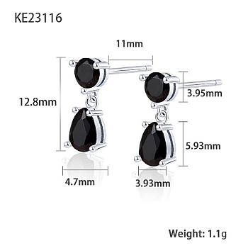 Cubic Zirconia Teardrop Dangle Stud Earrings, Platinum Rhodium Plated 925 Sterling Silver Earrings, Black, 12.8x3.93~4.7mm