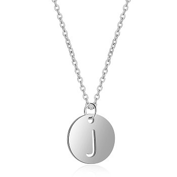 201 Stainless Steel Initial Pendants Necklaces, with Cable Chains, Flat Round with Letter, Stainless Steel Color, Letter.J, 16.3 inch(40cm), 1mm