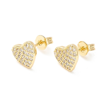 Clear Cubic Zirconia Heart Stud Earrings, Brass Jewelry for Women, Cadmium Free & Nickel Free & Lead Free, Real 18K Gold Plated, 7.5x8.5mm, Pin: 0.6mm