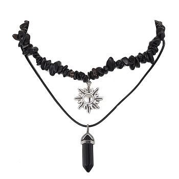 2Pcs 2 Style Natural Obsidian Bullet & Alloy Sun Pendant Necklaces Set, with Chips Beaded Chains, 12.80~17.72 inch(32.5~45cm), 1Pc/style