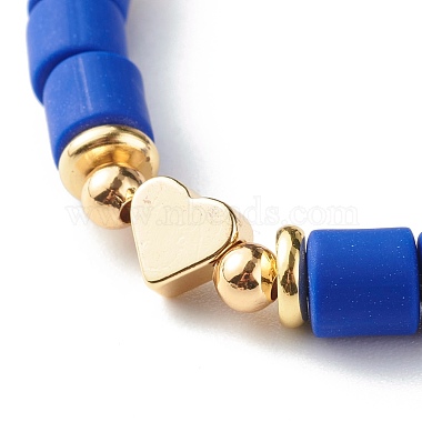 NBEADS Handmade Polymer Clay Beads Stretch Bracelets, with Brass Beads, Heart, Dark Blue, Inner Diameter: 2~2-1/8 inch(5.2~5.3cm) Polymer