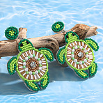 Bohemian Glass Seed Beaded & Non-woven Fabrics Dangle Stud Earrings, Flat Round with Tortoise, Platinum, Lime, 72x52mm(FS-WG810D5-01)