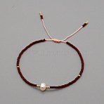 Adjustable Glass Seed Bead Braided Bead Bracelets for Women, with Natural Freshwater Pearls, Dark Red, 11.02 inch(28cm)(VT9382-15)