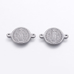 Tarnish Resistant 304 Stainless Steel Links connectors, Flat Round with Cssml Ndsmd Cross God Father/Saint Benedict, for Easter, Stainless Steel Color, 14x20.5.x1.5mm, Hole: 1mm(STAS-L199-07B)