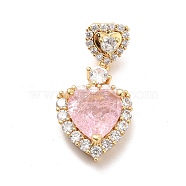 Brass Micro Pave Clear Cubic Zirconia Pendants, with Faceted Glass, Heart, Real 18K Gold Plated, Pink, 29mm, Hole: 5x4mm(KK-I695-005B)
