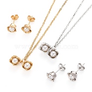 Flower 304 Stainless Steel  Jewelry Sets, Cable Chains Pendant Necklaces and Stud Earrings, with Plastic Imitation Pearl, Lobster Claw Clasps and Ear Nuts, Mixed Color, 17.51 inch(44.5cm), 7.5x7.5mm, Pin: 0.8mm(SJEW-H302-14)