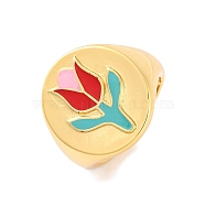 Round with Tulip Brass Enamel Open Cuff Rings, Signet Rings for Women, Lead Free & Cadmium Free, Real 18K Gold Plated, Red, 19mm, Adjustable(RJEW-U009-05B-G)