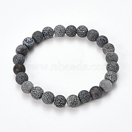 Natural Weathered Agate Beaded Stretch Bracelets, Frosted, Dyed, Round, Gray, 2-1/8 inch(55mm)(BJEW-Q692-01C)