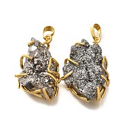 Electroplated Natural Druzy Agate Pendants, Nuggets Charms with Brass Findings, Rack Plating, Golden, Long-Lasting Plated, Lead Free & Cadmium Free, Platinum Plated, 31~37.5x24.5~29x8.5~17mm, Hole: 8x5mm(G-K338-45G-07)